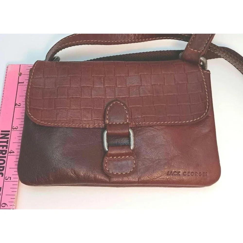 Vintage Jack Georges Brown Leather Crossbody Bag – Woven Embossed Flap Shoulder